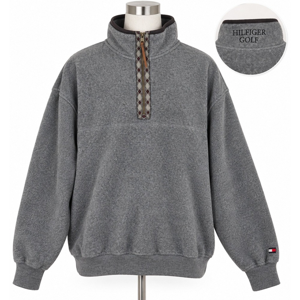 Tommy Hilfiger Golf Mens Large Gray Quarter Zip Fleece Pullover Vintage Style